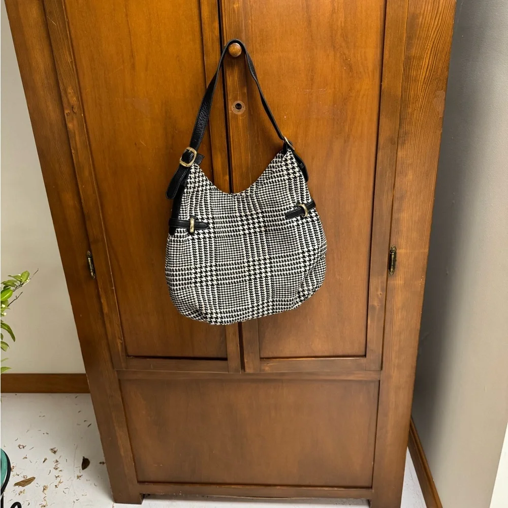 Talbots BlackWhite Houndstooth Tweed Bag satchel 11x12x3 adjustable strap